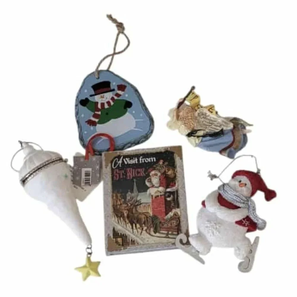 Vintage Style Christmas Ornaments Snowman Book Angels Set of 5 Holiday Decor